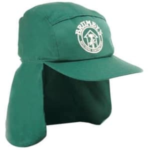 A green Poly Cotton Legionnaire Cap featuring a wide brim and a flap at the back. It has a logo on the front.