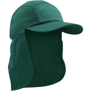 A green Poly Cotton Legionnaire Cap featuring a wide brim and a back flap for sun protection, with a branding logo.