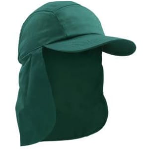 A dark green legionnaire cap with a wide brim and neck flap, featuring a logo on the front.