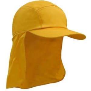 A yellow legionnaire hat with a wide brim and a neck flap, featuring a logo on the front.