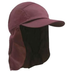 A maroon cap with a wide brim and a neck flap, featuring a logo on the side.