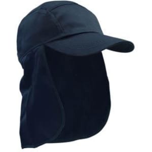 A navy blue legionnaire cap with side flaps and a curved brim. The cap has a logo on it.