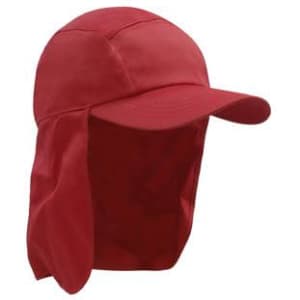 A red Poly Cotton Legionnaire hat with a wide brim and flap for sun protection. It features a logo.