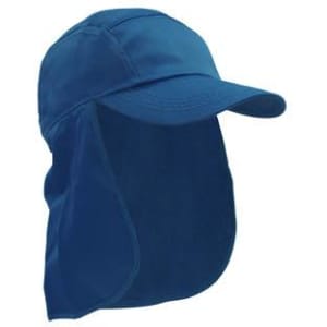 A blue cotton legionnaire hat with a long neck flap and logo visible on the front.