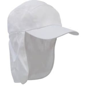 A white Poly Cotton Legionnaire hat with a wide brim and neck flap for sun protection. It features a logo.