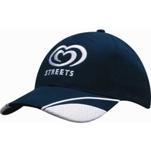 A navy blue brushed heavy cotton cap with mesh inserts on the peak and a logo on the front.