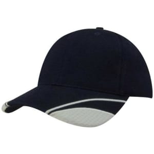 A navy cap with a brushed heavy cotton fabric and mesh inserts on the peak. It features a logo.