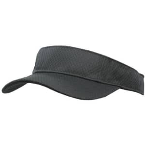 A sports mesh visor in black with a wide brim and breathable fabric, featuring a logo.