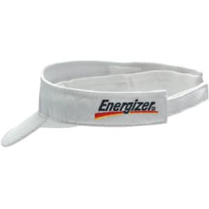 A white sports mesh visor with a logo on the band. It features a classic design and curved brim.