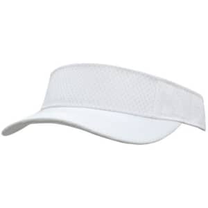 A white sports mesh visor featuring a curved brim and a breathable design. It includes a logo on the band.