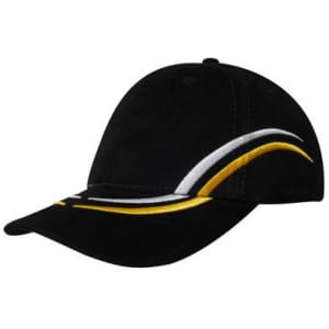 A black cotton cap with curved embroidery in white and yellow on the crown and peak, featuring a logo.