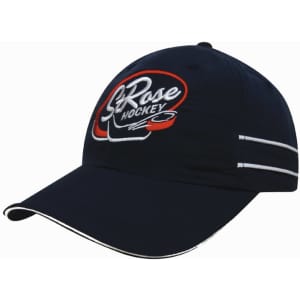 A navy microfibre sports cap featuring white piping and embroidery with a logo.