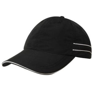 A black microfibre sports cap featuring white piping, with a soft visor and an adjustable strap at the back.