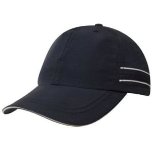 A navy microfibre sports cap featuring white piping and a sandwich peak, with a logo on the side.