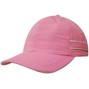 A pink microfibre sports cap featuring piping and a sandwich peak, with a small logo on the side.
