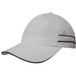 A microfibre sports cap in light grey with navy piping along the crown and brim, featuring a logo.