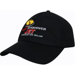 A black sports mesh cap with an embroidered logo on the front, featuring a curved peak.