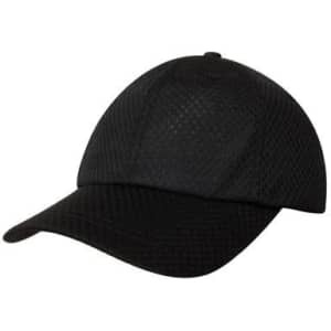 A black sports cap with a textured mesh design, featuring a curved peak and a structured crown, includes a logo.