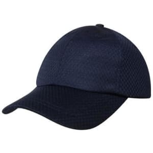 A navy sports cap with a textured mesh design and a curved brim. It features a branding logo.