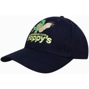 A navy blue twill cap featuring an embroidered design and a logo on the front.