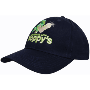 A navy cap featuring a logo and design with playful graphics.