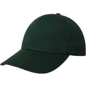 A dark green cap with a curved brim and a solid design, featuring a logo on the side.