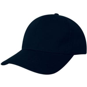 A navy blue cap featuring a curved brim and a adjustable strap at the back. It has a logo.