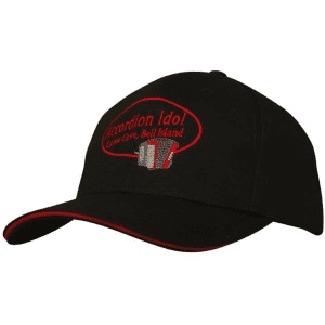 A black cap with a sandwich trim, featuring an embroidered logo and red accents on the brim.