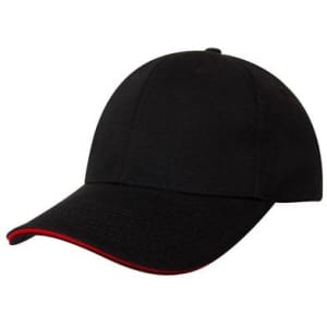 A black cap with a red sandwich trim, featuring a curved peak and a simple design. It includes a logo on the front.