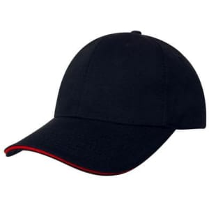 A black cap with a red sandwich trim along the brim and a simple logo on the front.