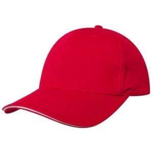 A red cap with a sandwich trim and a logo on the front. The cap features a rounded crown and a curved brim.