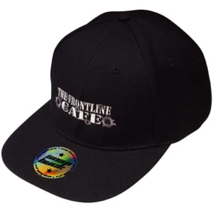A black snapback cap featuring a logo on the front and a circular sticker on the brim.