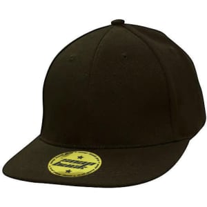 A dark green snapback cap featuring a flat brim and a logo sticker on the visor.