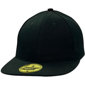 A black snap back cap featuring a rounded crown and a flat brim, with a logo on the front.
