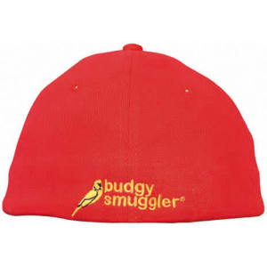 A red cap featuring a logo, made from brushed heavy cotton and spandex with Dream Fit styling.