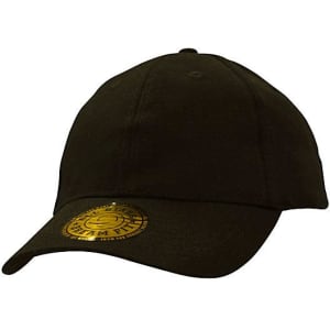 A dark green cap with a rounded crown and a structured brim, featuring a logo on the front.