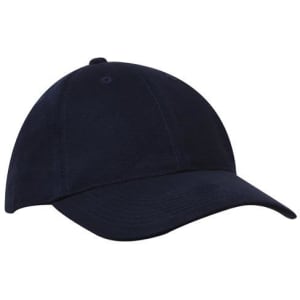 A navy blue cap with a rounded crown and curved brim, featuring a branding logo.