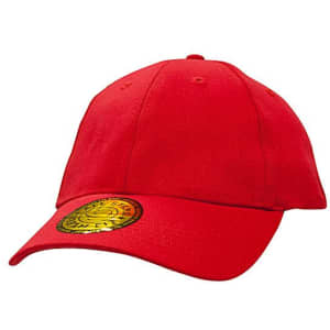 A red cap made of brushed heavy cotton and spandex, featuring a circular logo on the brim.