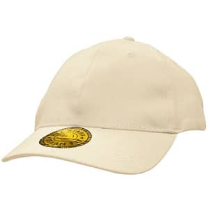 A beige baseball cap featuring a circular logo on the front. The cap has a classic design with a curved brim.