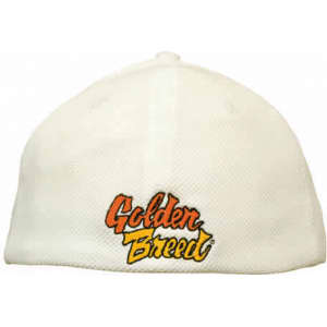 A white cap with a logo on the front, featuring a mesh design and a fitted style.