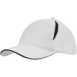 A white cap with a black sandwich peak and crown inserts, featuring a logo on the front.