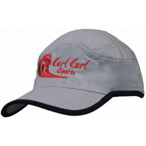 A grey microfibre sports cap with a black trim on the edge of the crown and peak, featuring a logo.