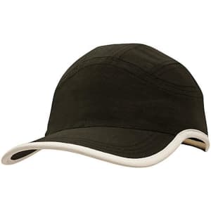 A microfibre sports cap in dark green with a white trim on the edge of the crown and peak.