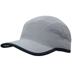 A microfibre sports cap in grey with a trim on the edge of the crown and peak. It features a logo.