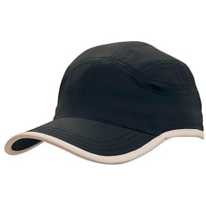 A black microfibre sports cap with a cream trim along the edge of the crown and peak. Features a logo.