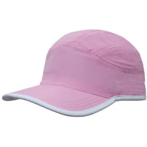 A pink microfibre sports cap with a white trim on the edge of the crown and peak, featuring a logo.