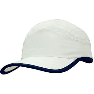 A white microfibre sports cap with a navy trim on the edge of the crown and peak, featuring a logo.