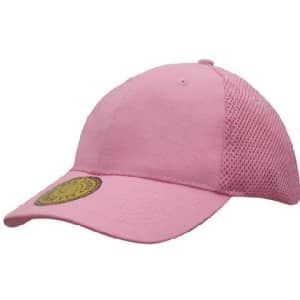 A pink cap featuring mesh sides and a circular logo on the front.