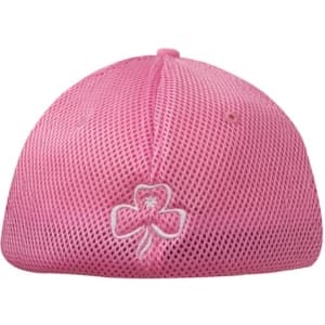 A pink sandwich mesh cap featuring a decorative logo and a breathable design.