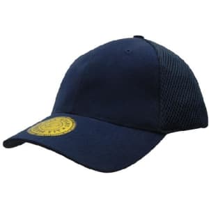 A navy cap featuring a mesh back and a round logo on the front.